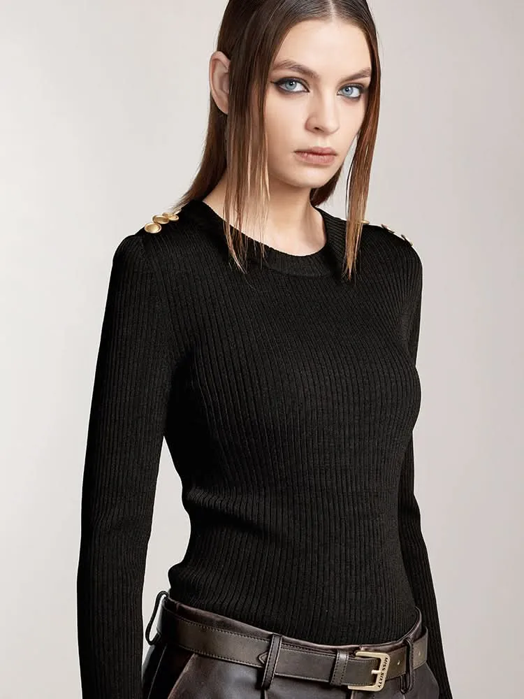 Crew Neck Knit Top With Buttons