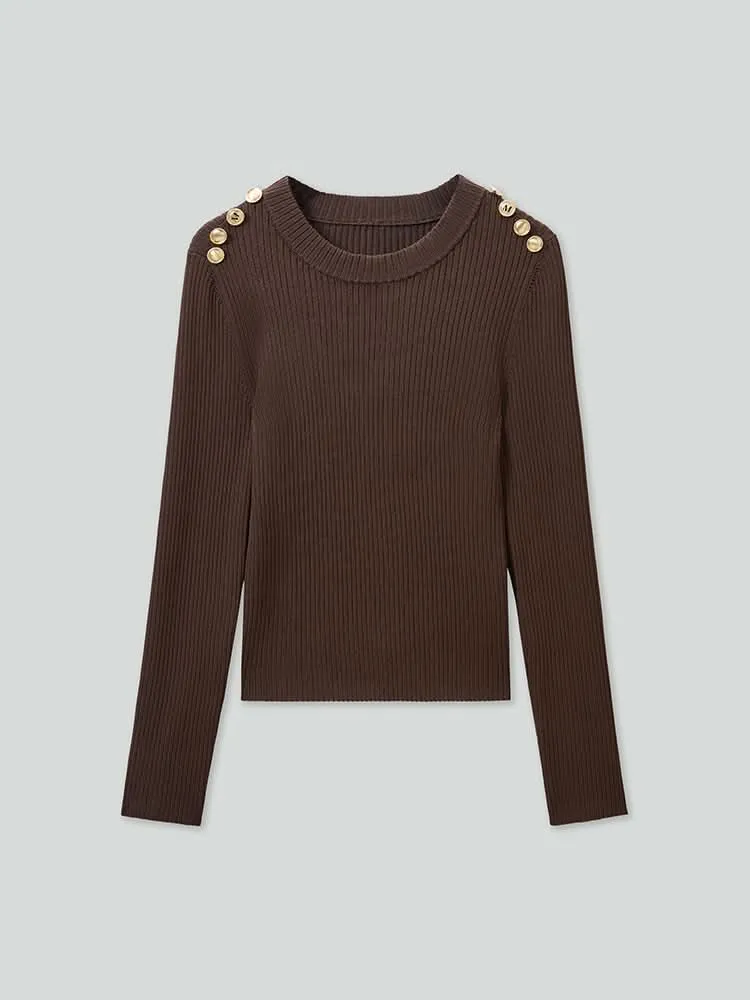 Crew Neck Knit Top With Buttons