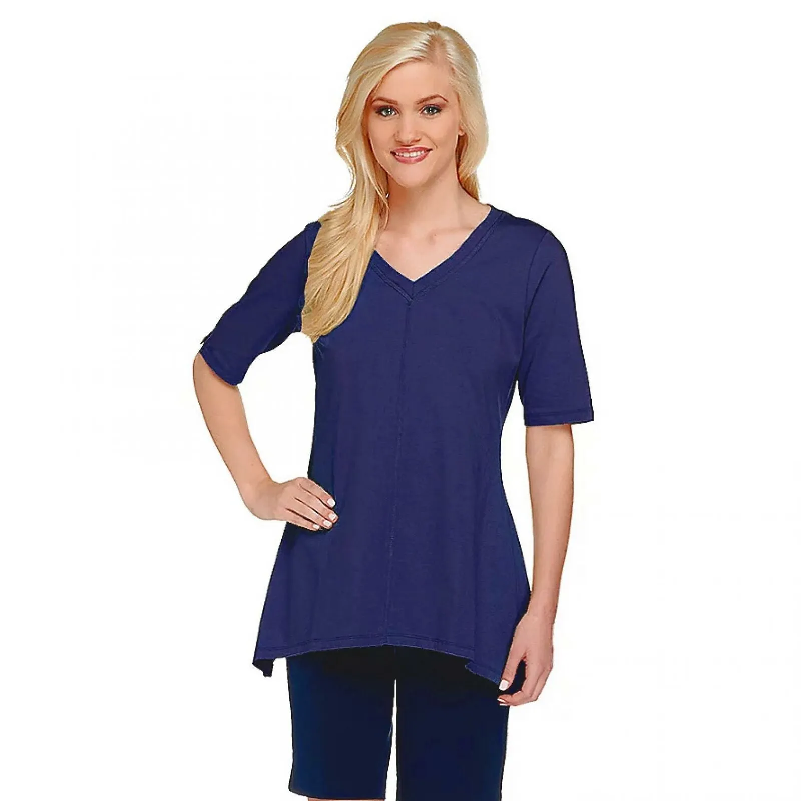 Denim & Co. Women's Perfect Jersey V-neck Trapeze Hem Top Bright Navy Medium