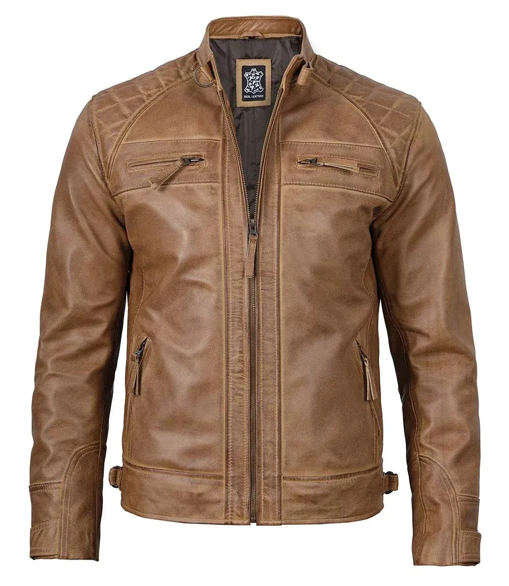 Diamond Men's Distressed Camel Brown Cafe Racer Leather Jacket
