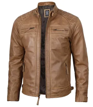 Diamond Men's Distressed Camel Brown Cafe Racer Leather Jacket