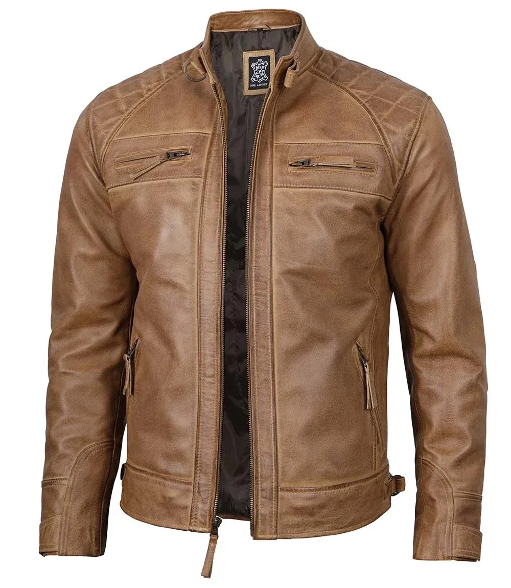Diamond Men's Distressed Camel Brown Cafe Racer Leather Jacket