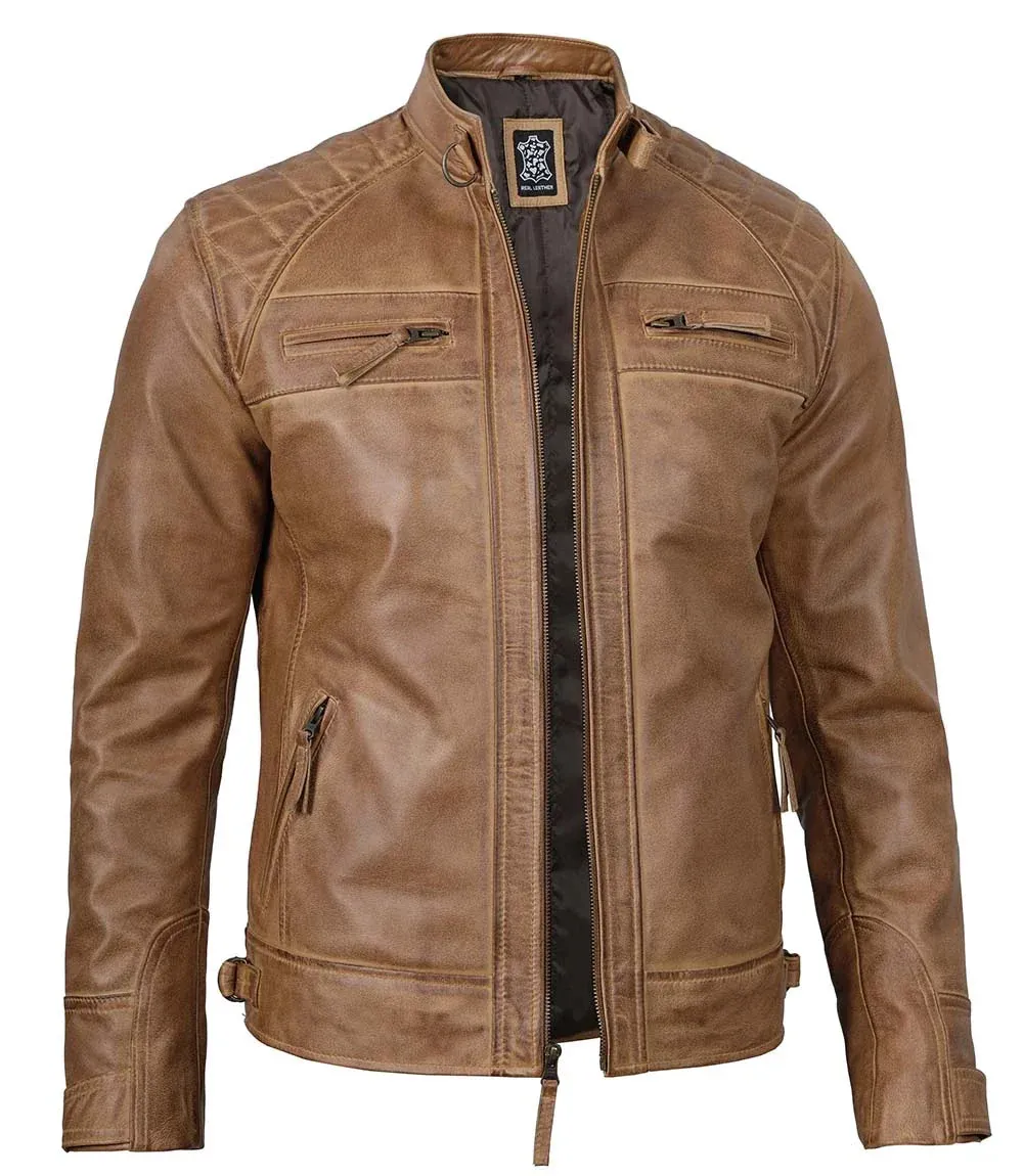 Diamond Men's Distressed Camel Brown Cafe Racer Leather Jacket