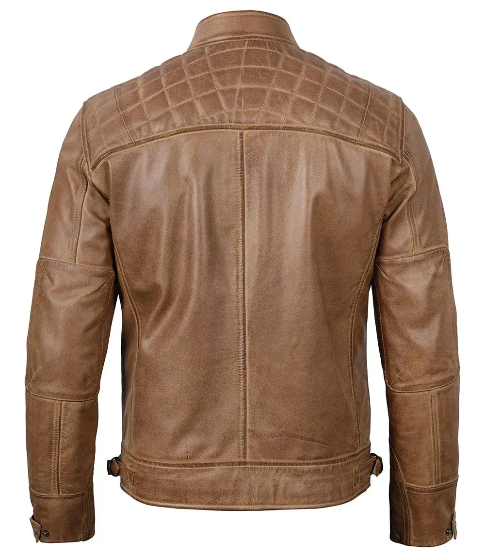 Diamond Men's Distressed Camel Brown Cafe Racer Leather Jacket