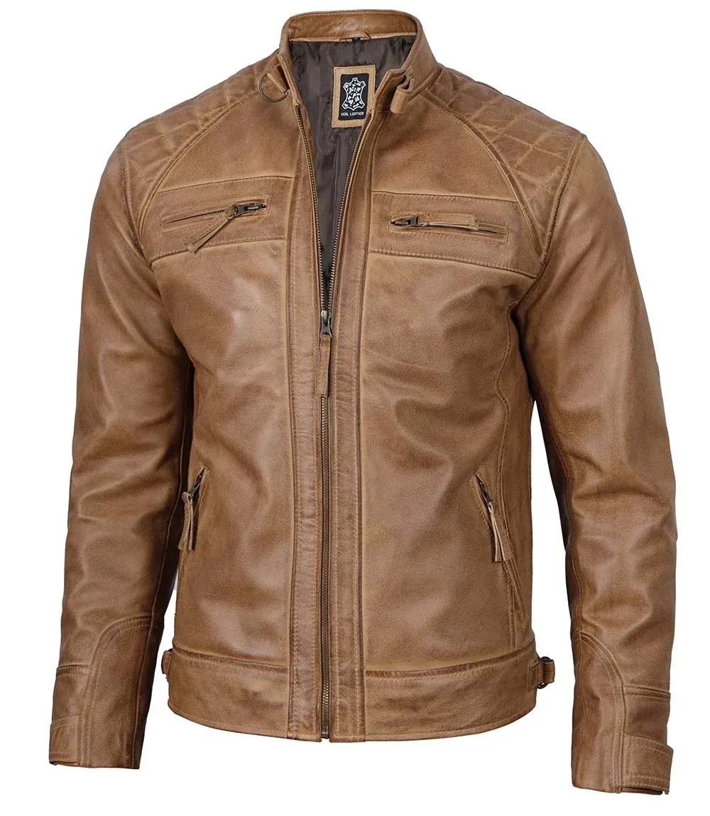 Diamond Men's Distressed Camel Brown Cafe Racer Leather Jacket