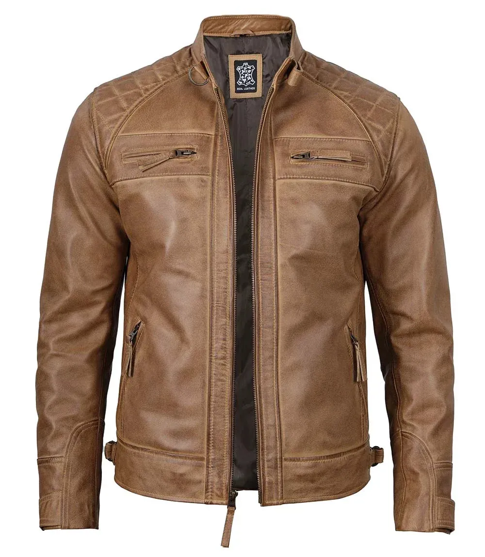 Diamond Men's Distressed Camel Brown Cafe Racer Leather Jacket