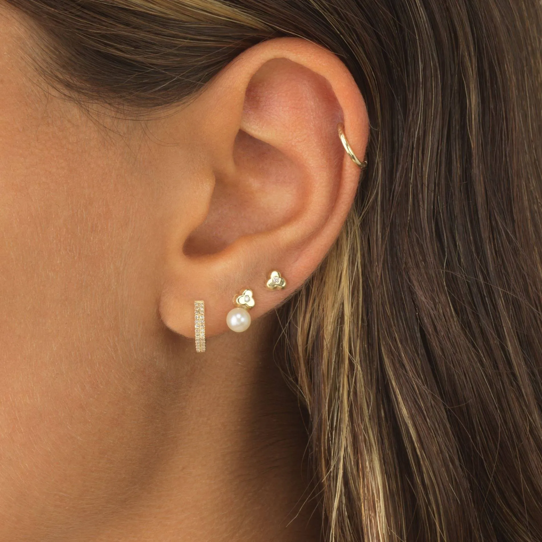 Diamond Pearl Flower Stud Earring 14K