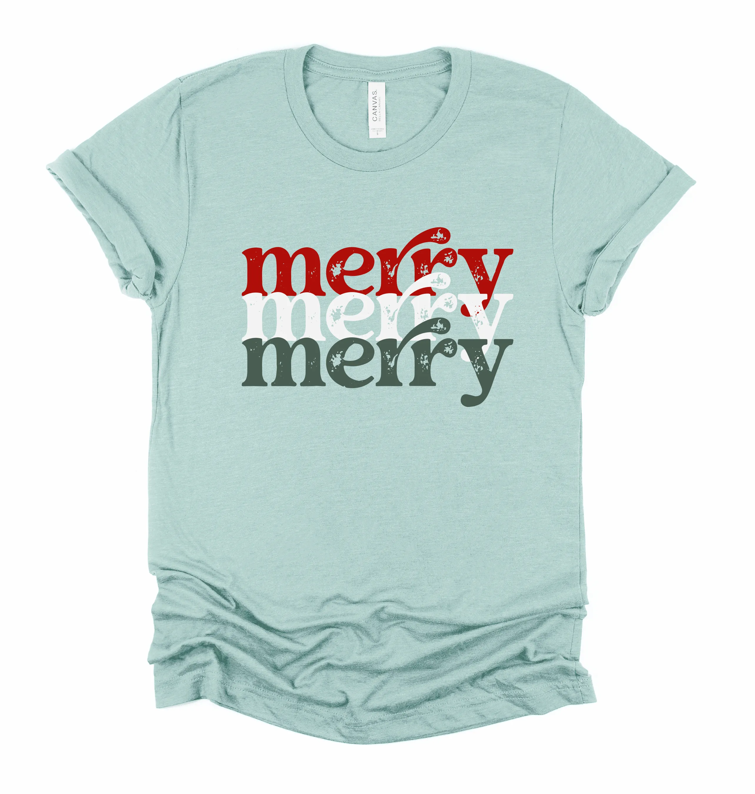 Dusty Blue Short Sleeved Merry Merry Merry Tee - Youth and Adult Sizes - Christmas Shirt