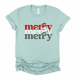 Dusty Blue Short Sleeved Merry Merry Merry Tee - Youth and Adult Sizes - Christmas Shirt