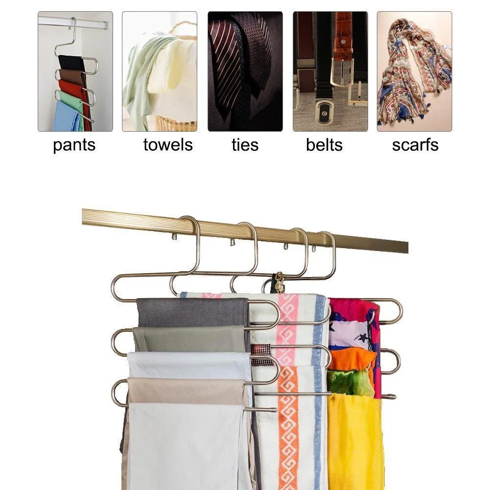 Eityilla S Type Clothes Pants Hangers Stainless Steel Space Saving Hangers 5 Layers Closet Storage Organizer for Jeans Trousers Tie Belt Scarf (6-Pieces)