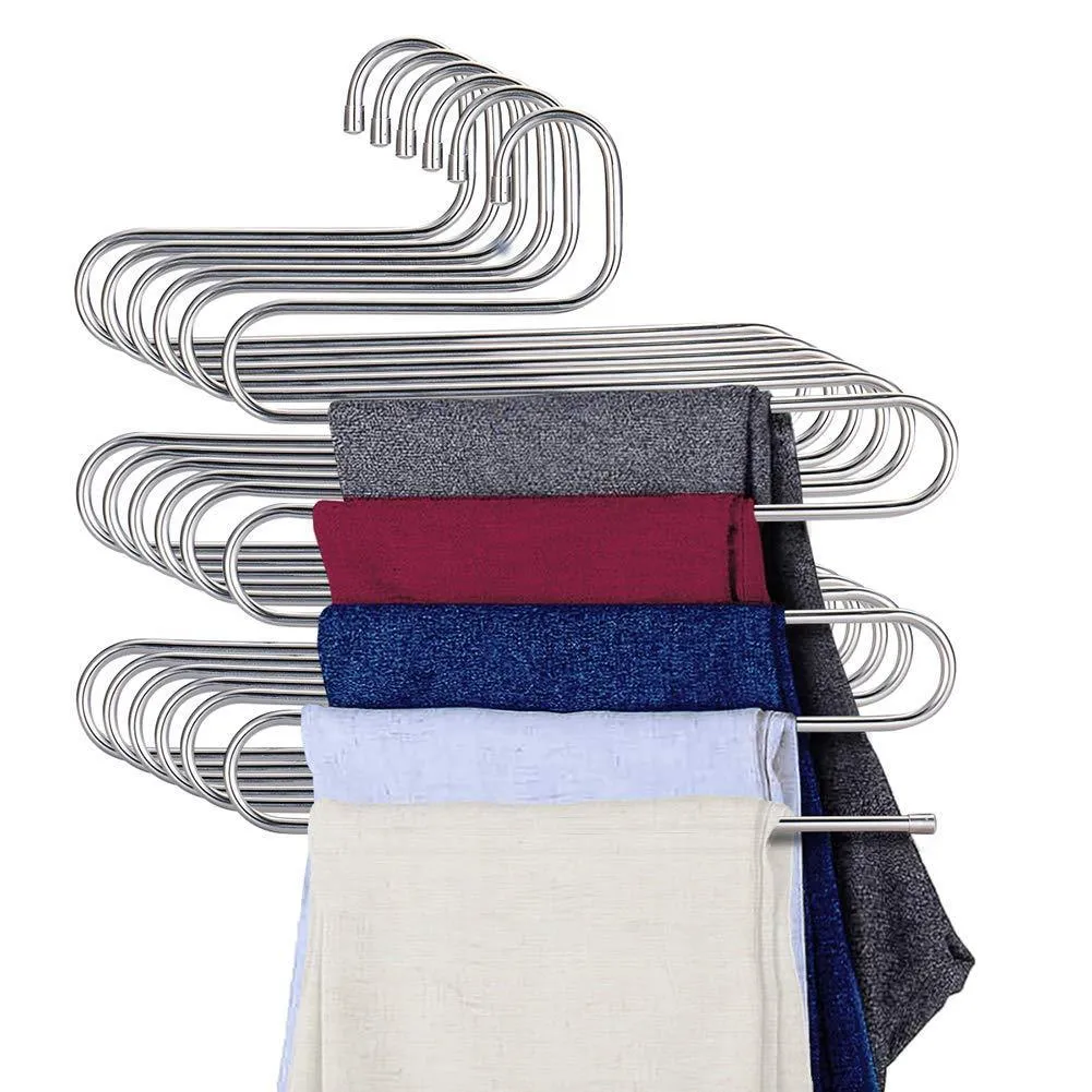 Eityilla S Type Clothes Pants Hangers Stainless Steel Space Saving Hangers 5 Layers Closet Storage Organizer for Jeans Trousers Tie Belt Scarf (6-Pieces)