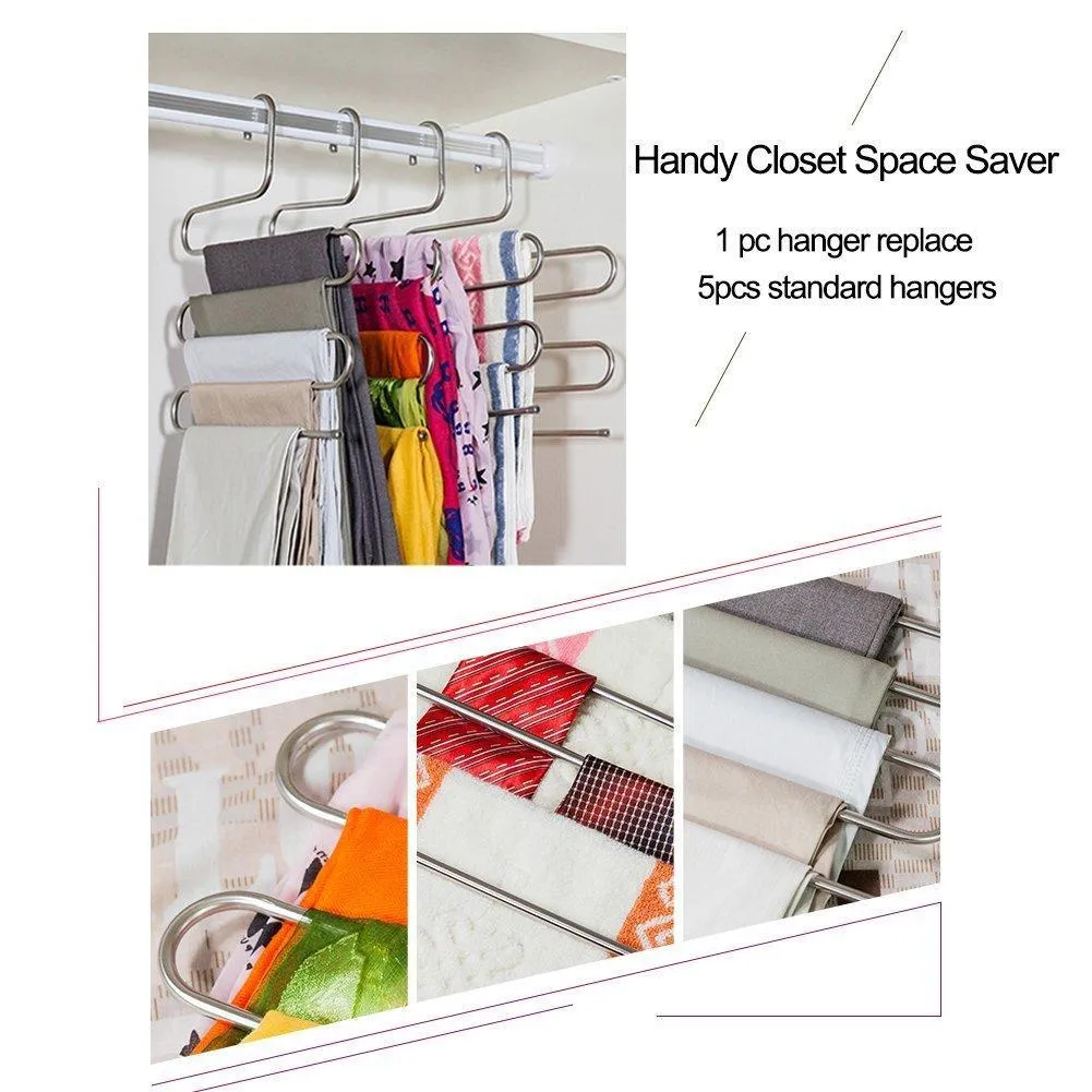 Eityilla S Type Clothes Pants Hangers Stainless Steel Space Saving Hangers 5 Layers Closet Storage Organizer for Jeans Trousers Tie Belt Scarf (6-Pieces)