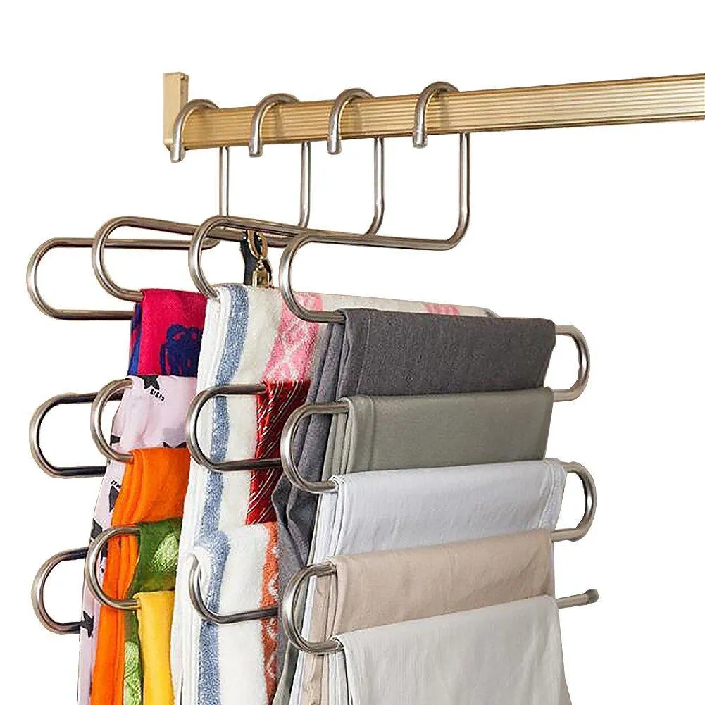 Eityilla S Type Clothes Pants Hangers Stainless Steel Space Saving Hangers 5 Layers Closet Storage Organizer for Jeans Trousers Tie Belt Scarf (6-Pieces)