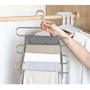 Eityilla S Type Clothes Pants Hangers Stainless Steel Space Saving Hangers 5 Layers Closet Storage Organizer for Jeans Trousers Tie Belt Scarf (6-Pieces)