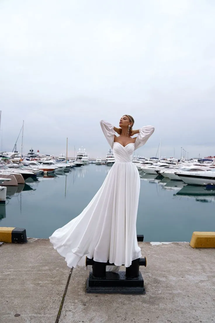 Ethereal Chiffon Wedding Dress with Off-the-shoulder Sleeves