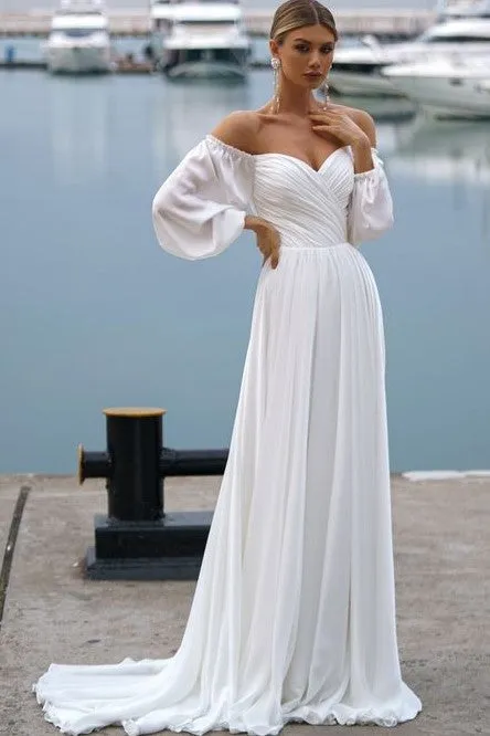 Ethereal Chiffon Wedding Dress with Off-the-shoulder Sleeves