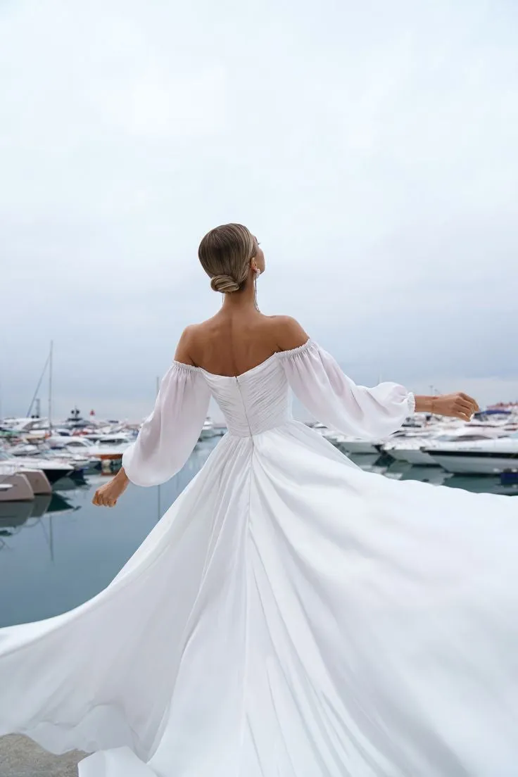 Ethereal Chiffon Wedding Dress with Off-the-shoulder Sleeves