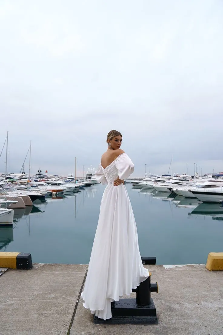 Ethereal Chiffon Wedding Dress with Off-the-shoulder Sleeves