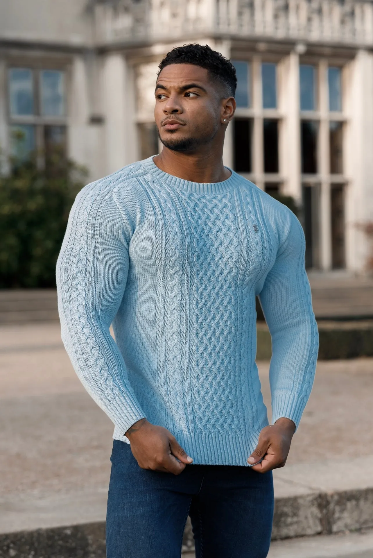 Father Sons Sky Blue Knitted Cable Saddle Crew Super Slim Jumper With Metal Decal - FSN081