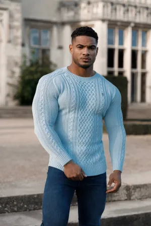 Father Sons Sky Blue Knitted Cable Saddle Crew Super Slim Jumper With Metal Decal - FSN081