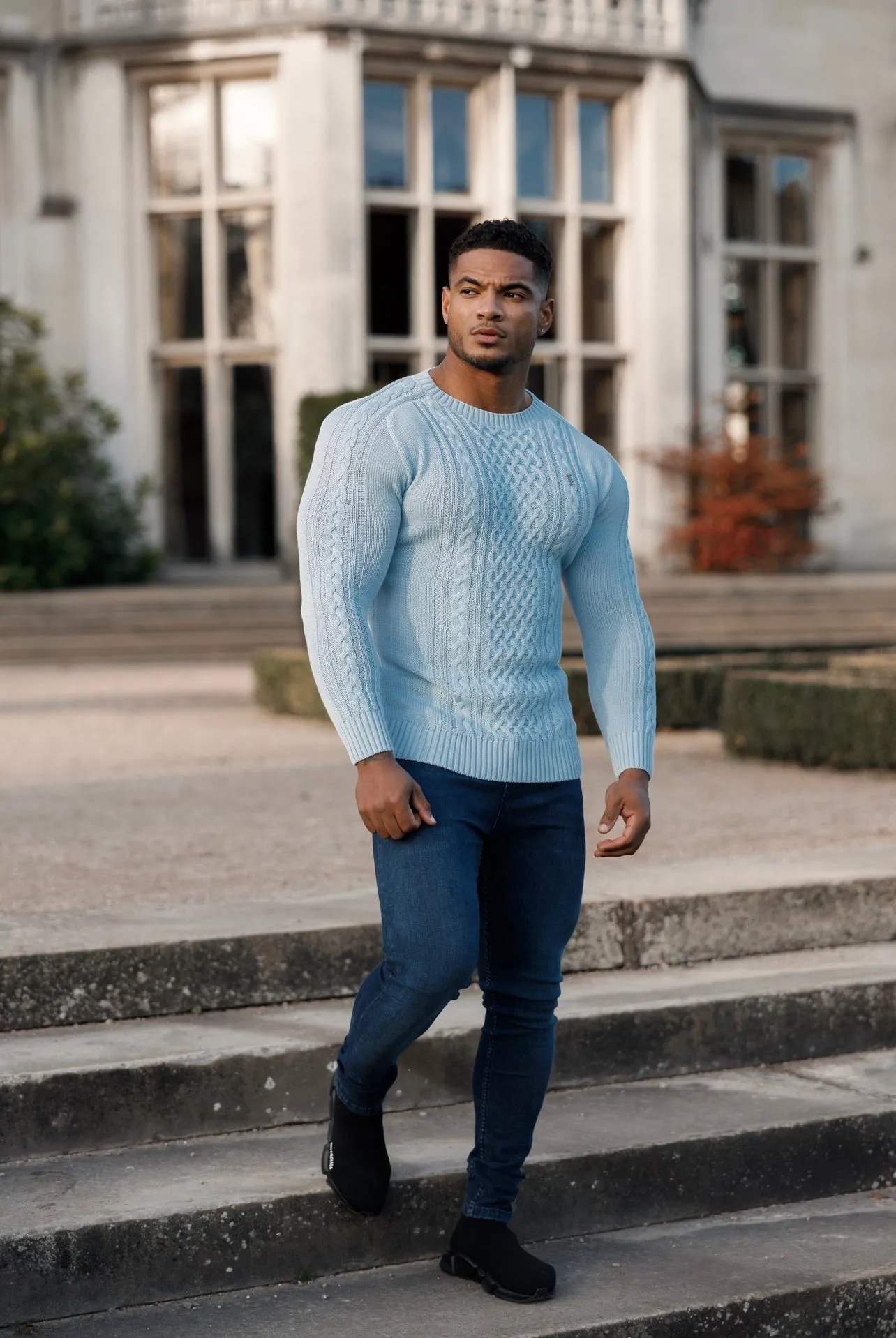 Father Sons Sky Blue Knitted Cable Saddle Crew Super Slim Jumper With Metal Decal - FSN081