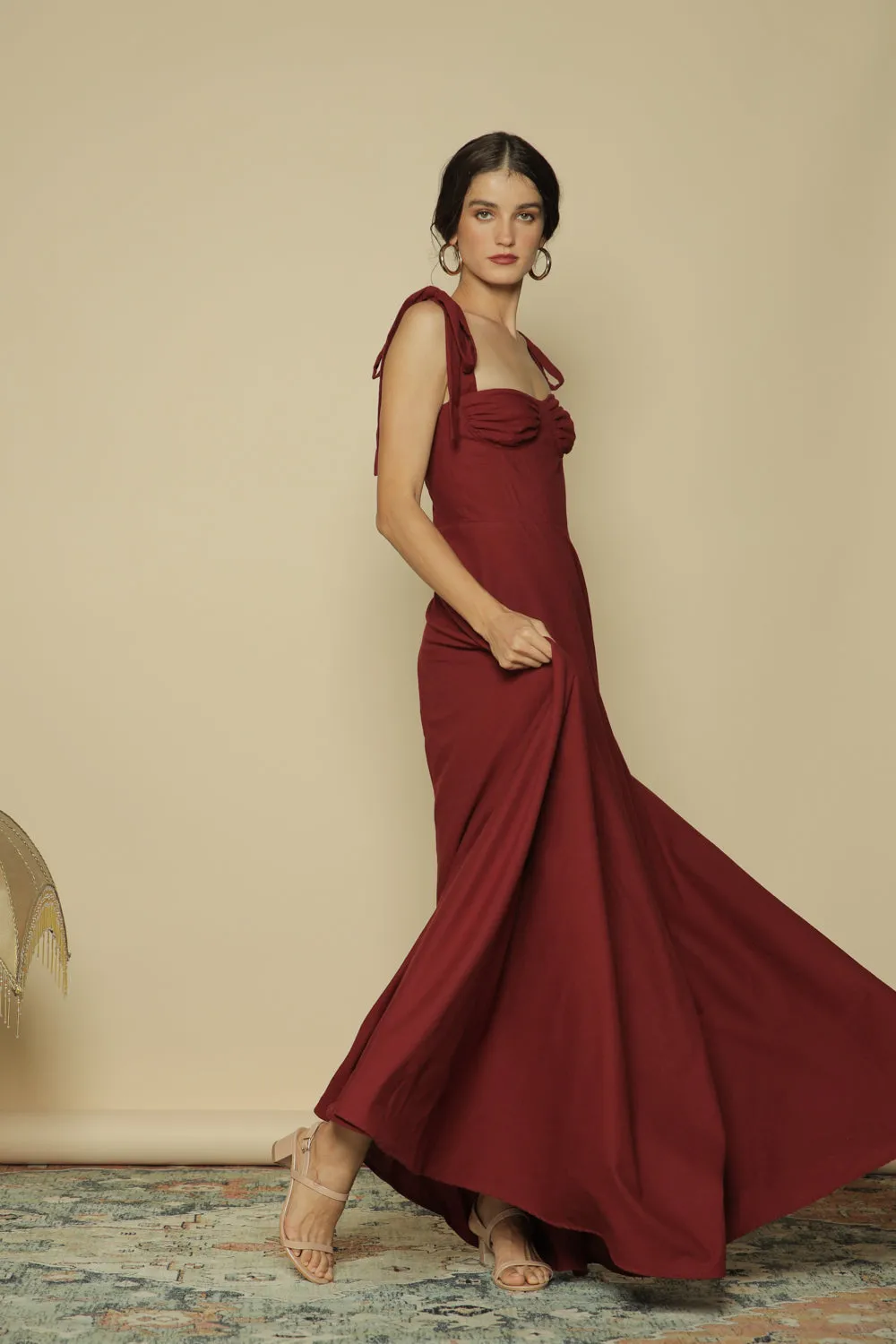 FAYETTE Tie on Shoulder Maxi Dress with Gathered Cup (Maroon Linen)