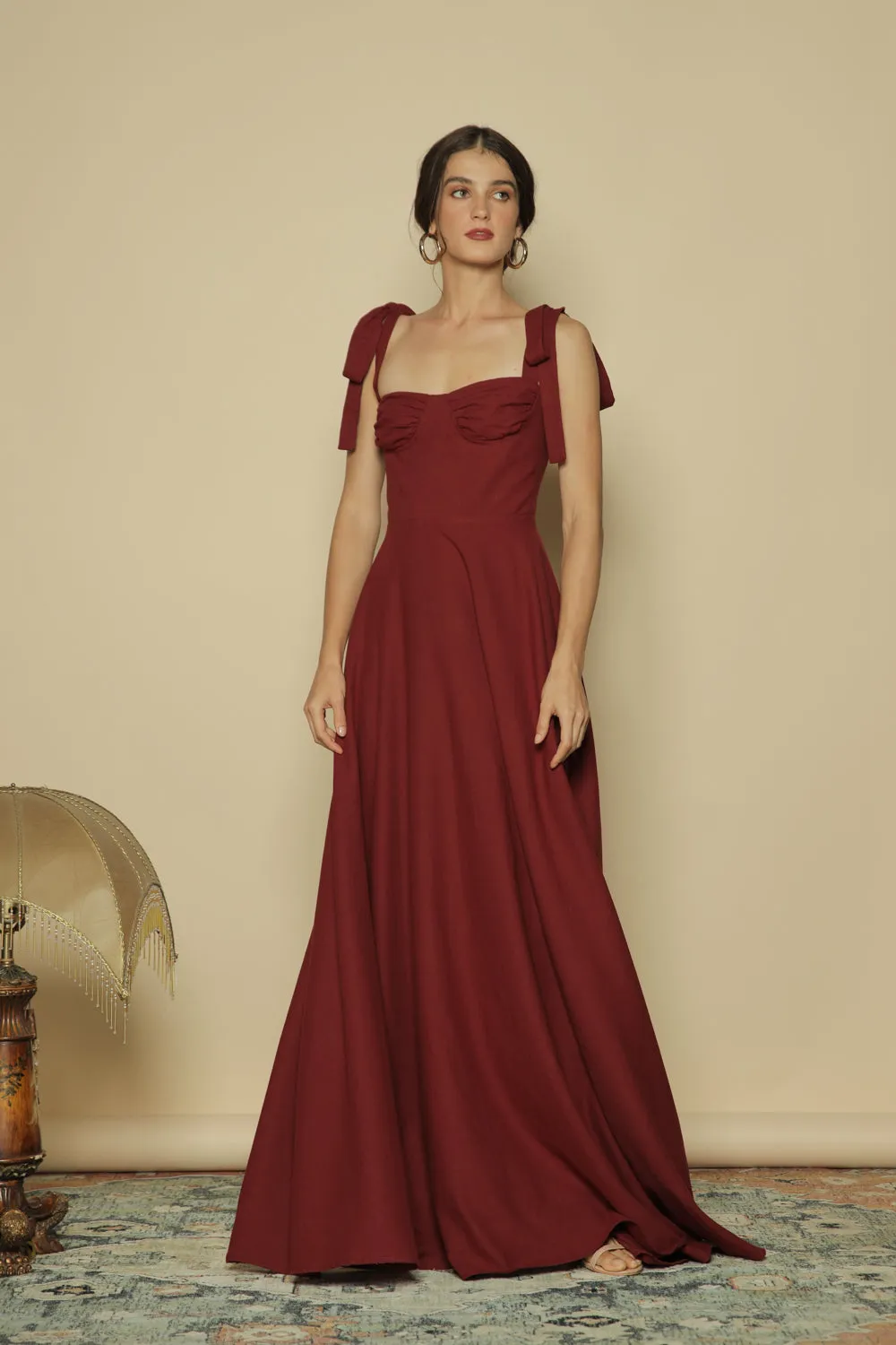 FAYETTE Tie on Shoulder Maxi Dress with Gathered Cup (Maroon Linen)