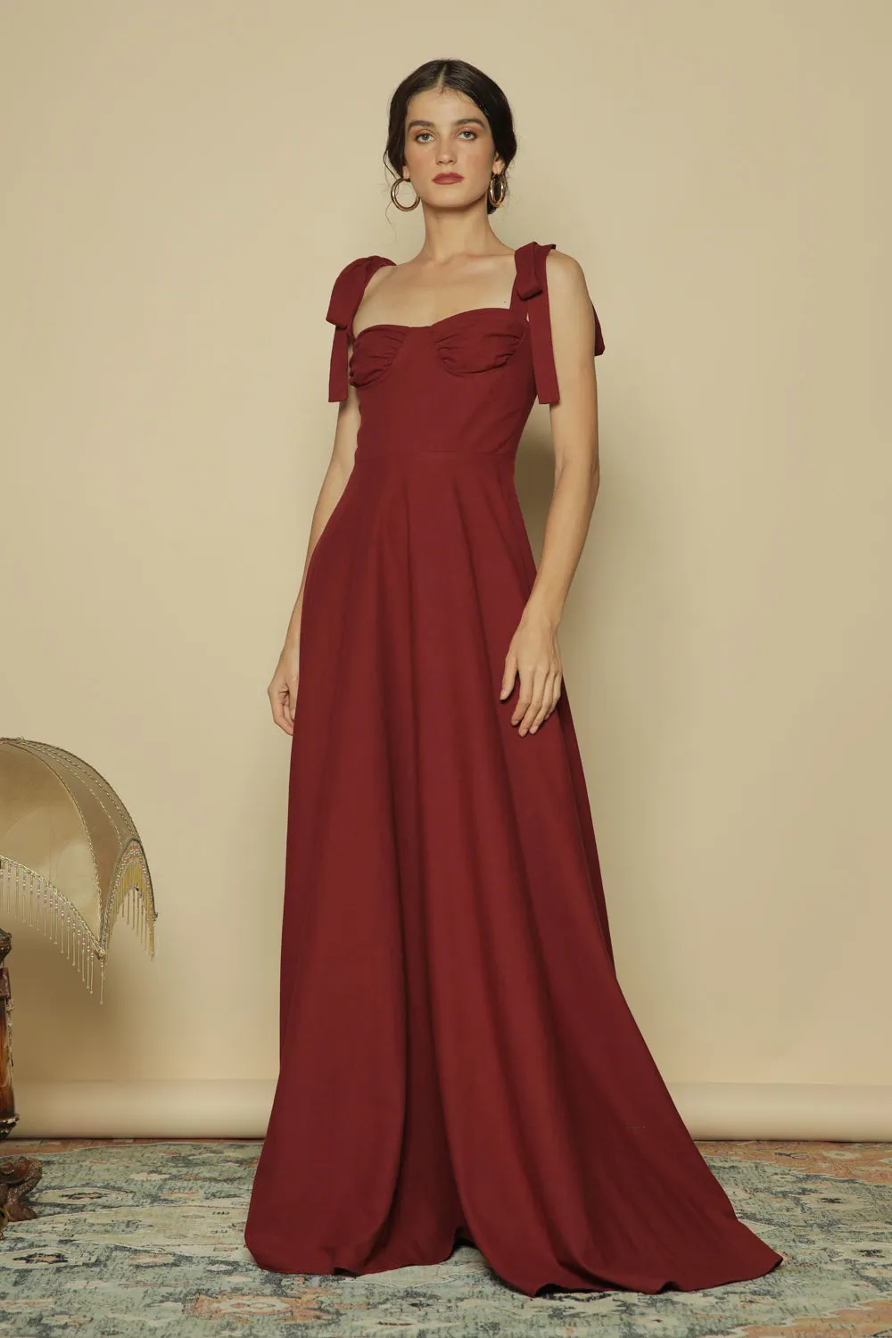 FAYETTE Tie on Shoulder Maxi Dress with Gathered Cup (Maroon Linen)