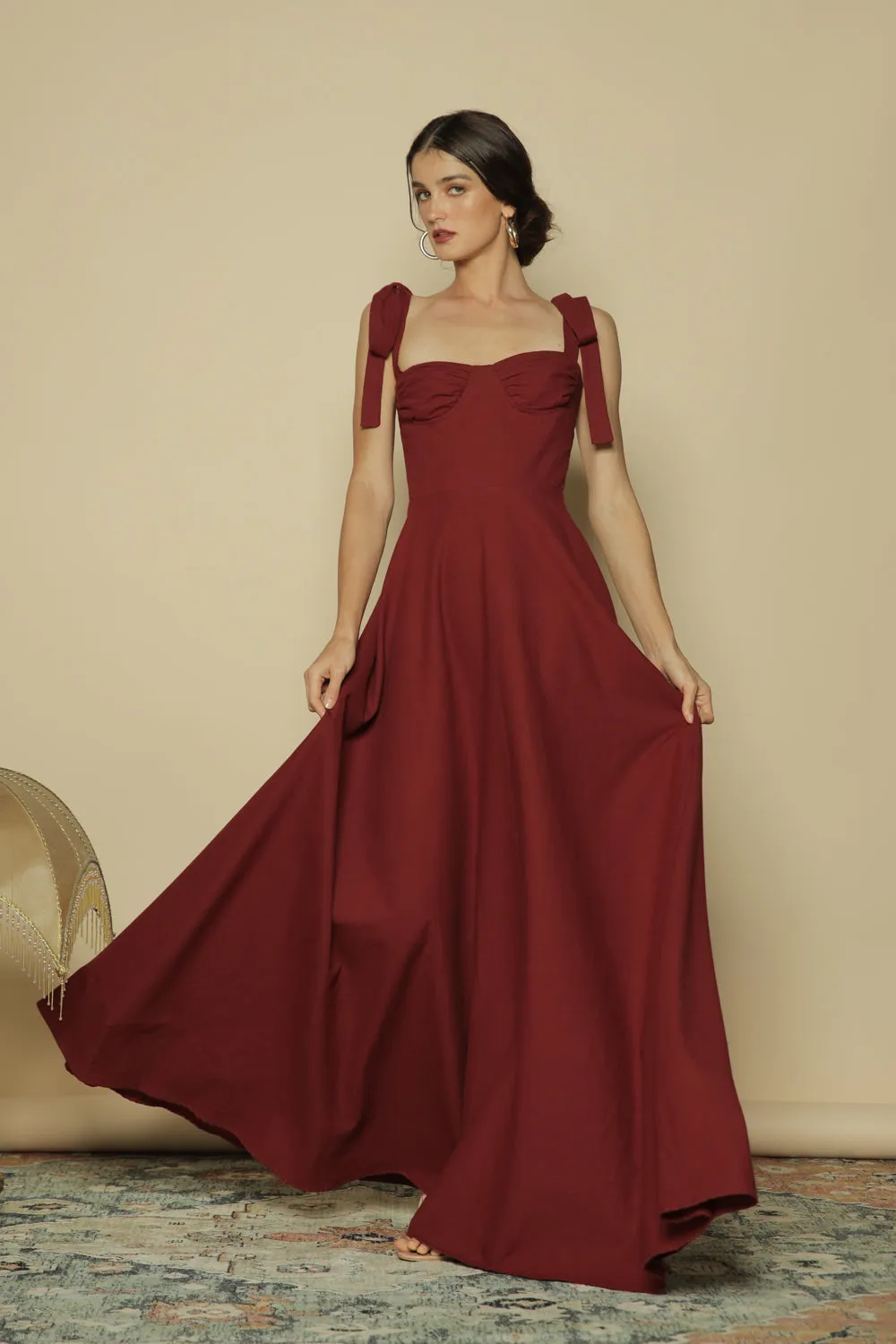 FAYETTE Tie on Shoulder Maxi Dress with Gathered Cup (Maroon Linen)