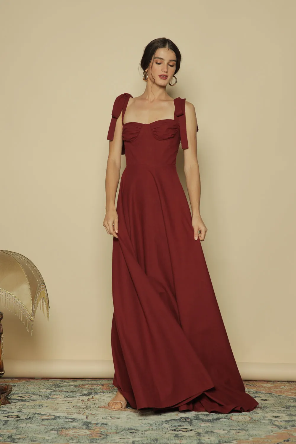 FAYETTE Tie on Shoulder Maxi Dress with Gathered Cup (Maroon Linen)