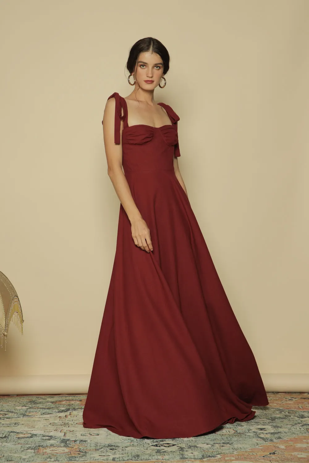 FAYETTE Tie on Shoulder Maxi Dress with Gathered Cup (Maroon Linen)