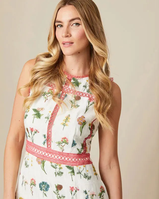 Fee G Marina White Embroidered Floral Print Tea Dress