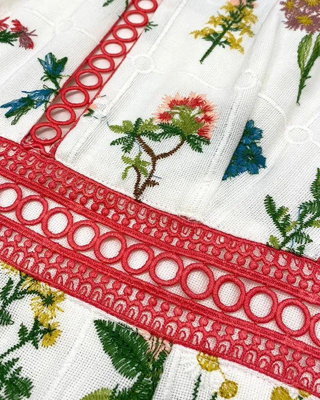 Fee G Marina White Embroidered Floral Print Tea Dress
