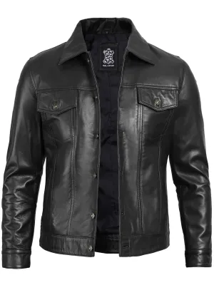 Fernando Mens Black Leather Trucker Jacket