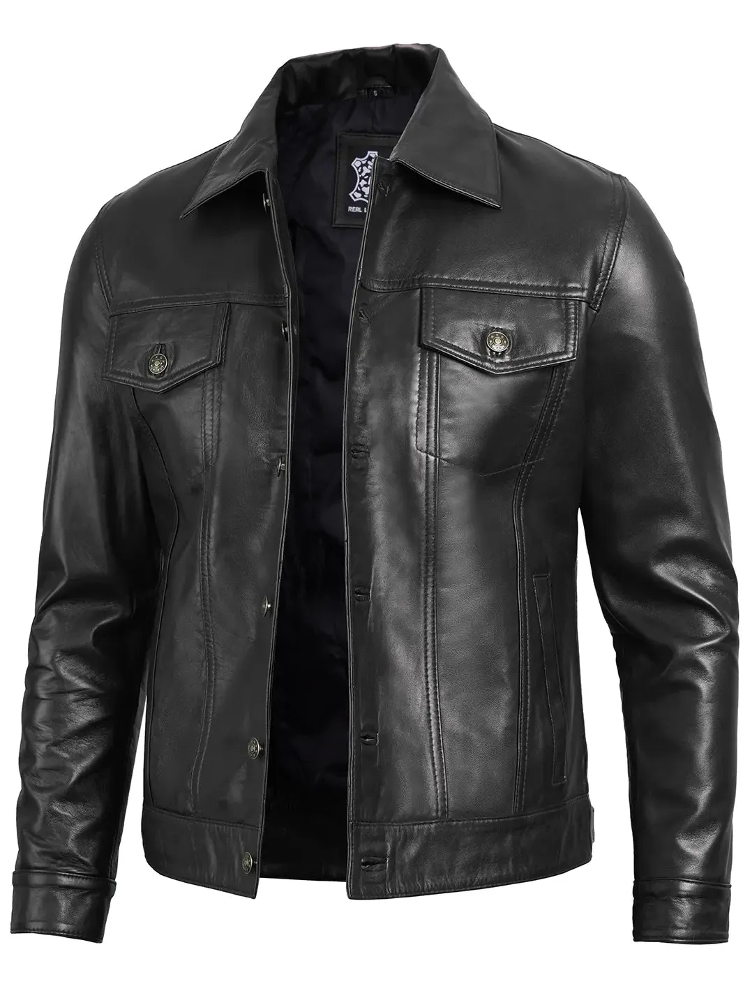 Fernando Mens Black Leather Trucker Jacket