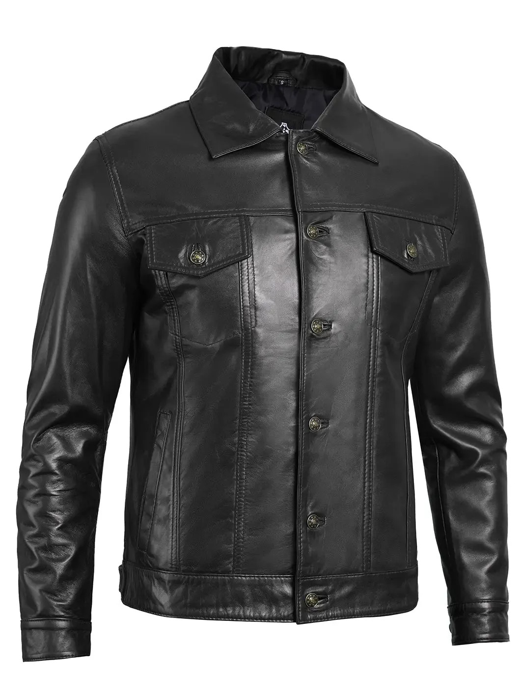 Fernando Mens Black Leather Trucker Jacket