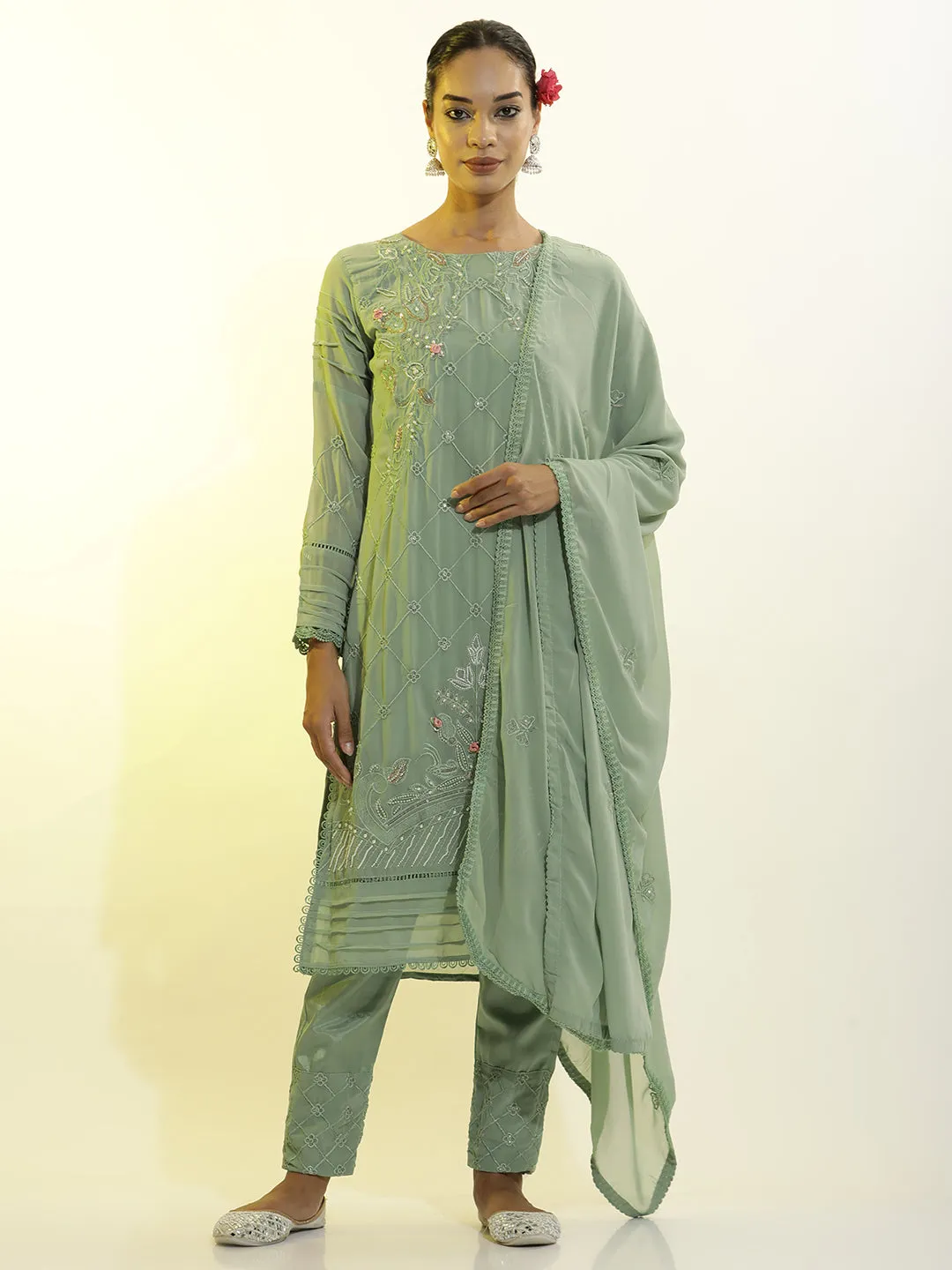 Festive Embroidered Georgette Kurta Set With Dupatta