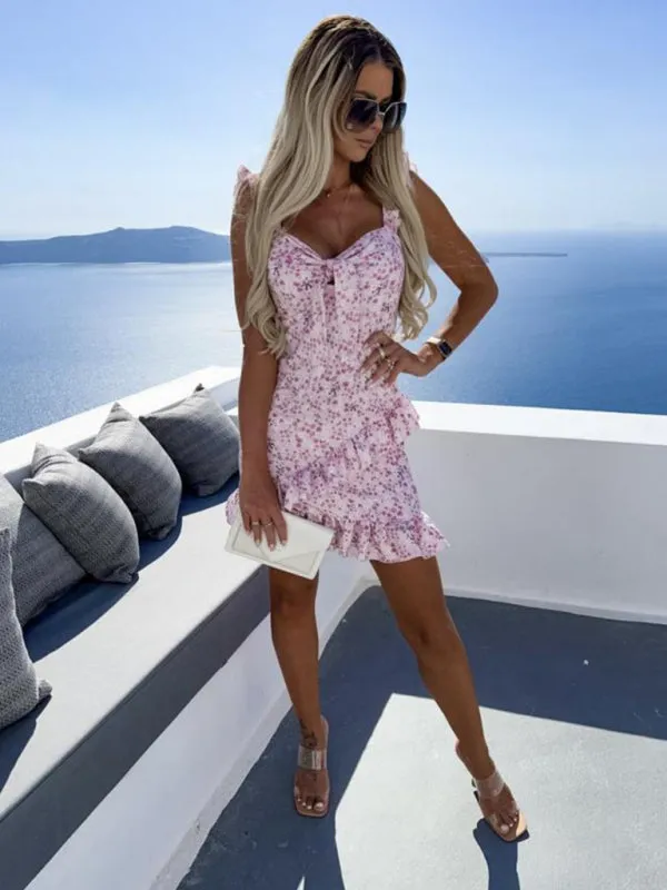 Floral Print Mini Dress with Sweetheart Neckline and Ruffles