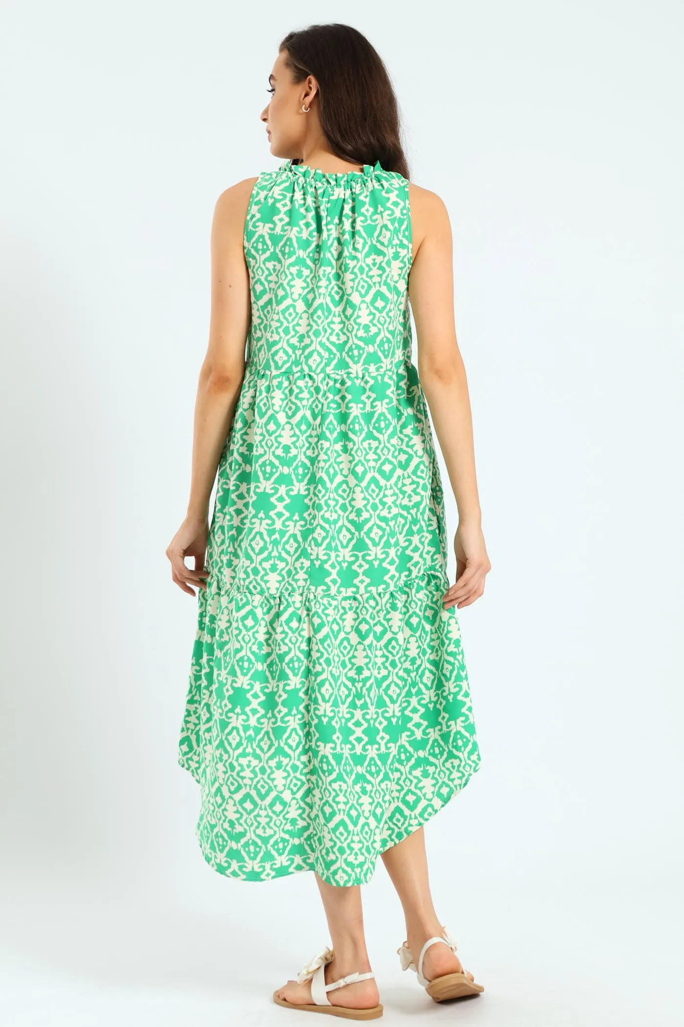 Frill Neck Tiered Hilo Maxi Dress - White/Green