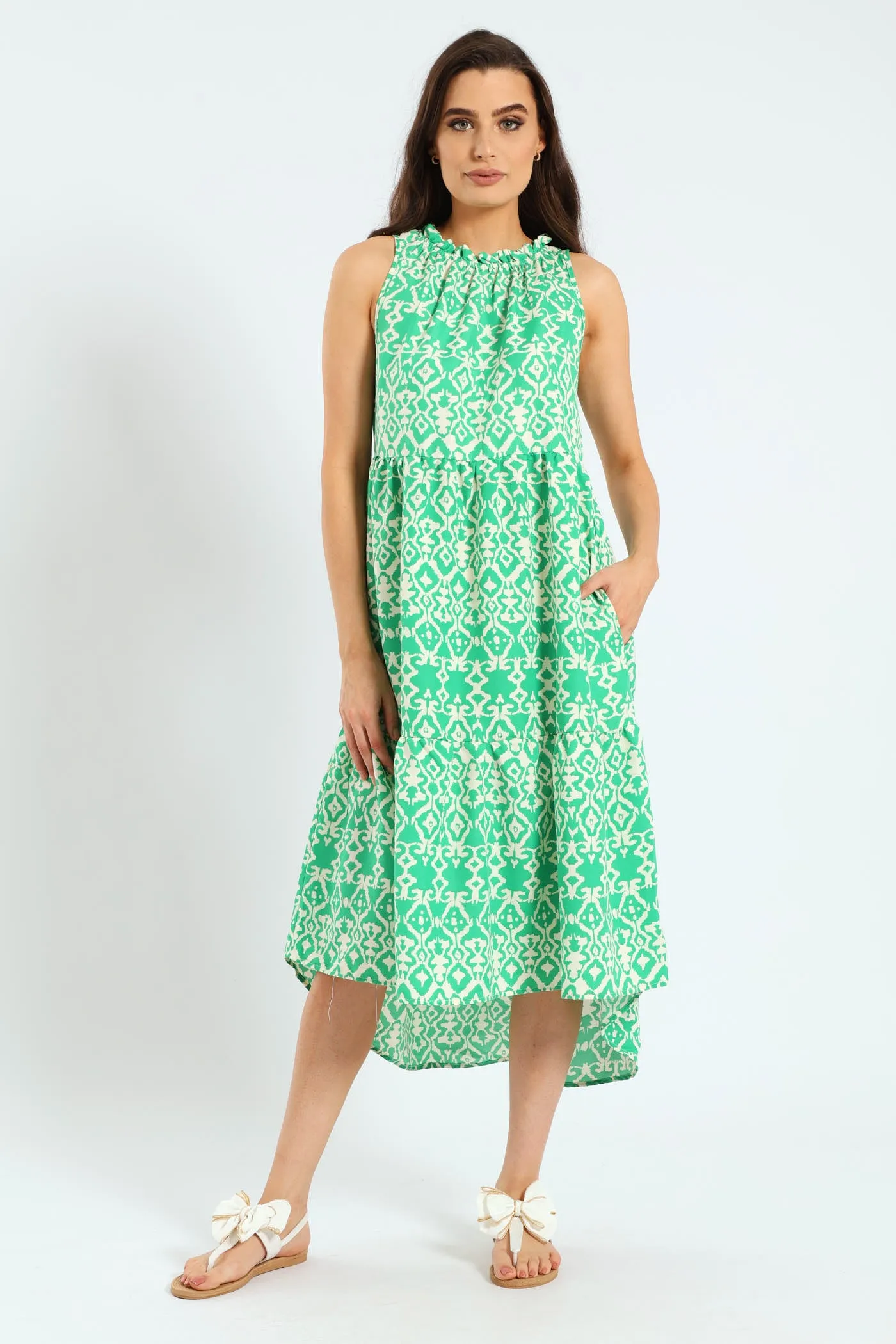 Frill Neck Tiered Hilo Maxi Dress - White/Green