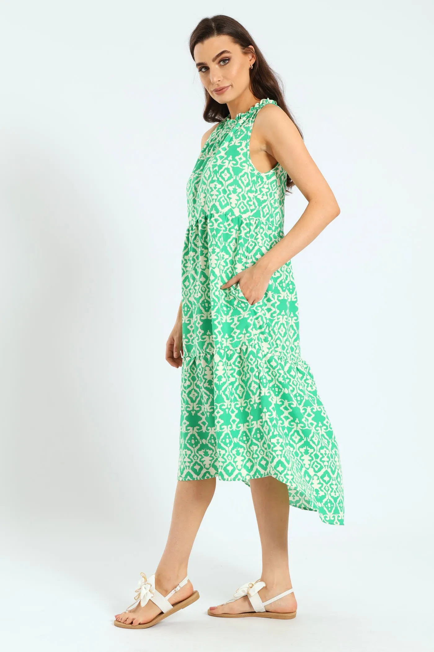 Frill Neck Tiered Hilo Maxi Dress - White/Green