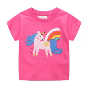 Girls Summer Short Sleeve Cotton T-shirt with Animals Embroidery - Bright Pink