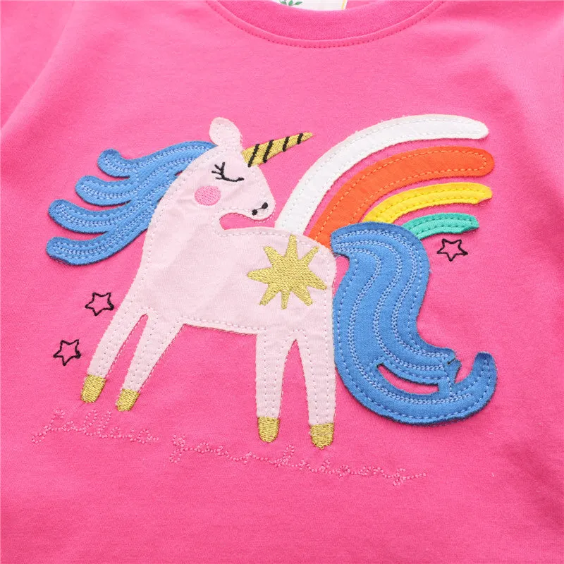 Girls Summer Short Sleeve Cotton T-shirt with Animals Embroidery - Bright Pink