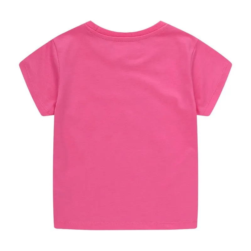 Girls Summer Short Sleeve Cotton T-shirt with Animals Embroidery - Bright Pink