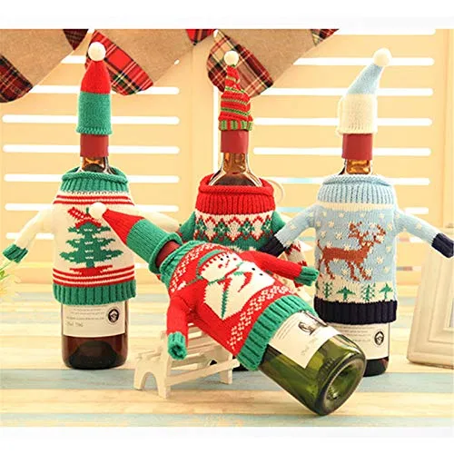 Gofypel Christmas Wine Bottle Covers Ugly Sweater Bottle Ornaments Beer Water Bottle Holders Xmas Table Decor with Hats for Christmas Holiday Party Favors Supplies 4 Set