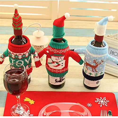 Gofypel Christmas Wine Bottle Covers Ugly Sweater Bottle Ornaments Beer Water Bottle Holders Xmas Table Decor with Hats for Christmas Holiday Party Favors Supplies 4 Set