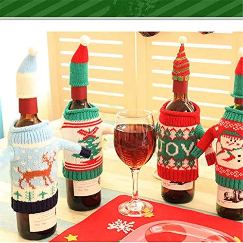 Gofypel Christmas Wine Bottle Covers Ugly Sweater Bottle Ornaments Beer Water Bottle Holders Xmas Table Decor with Hats for Christmas Holiday Party Favors Supplies 4 Set