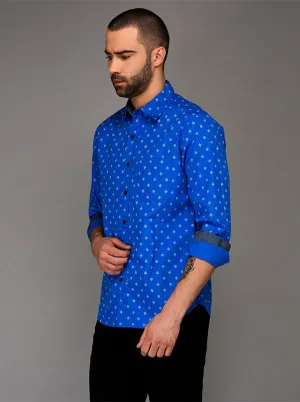 Greenfibre Bright Blue Printed Slim Fit Casual Shirt
