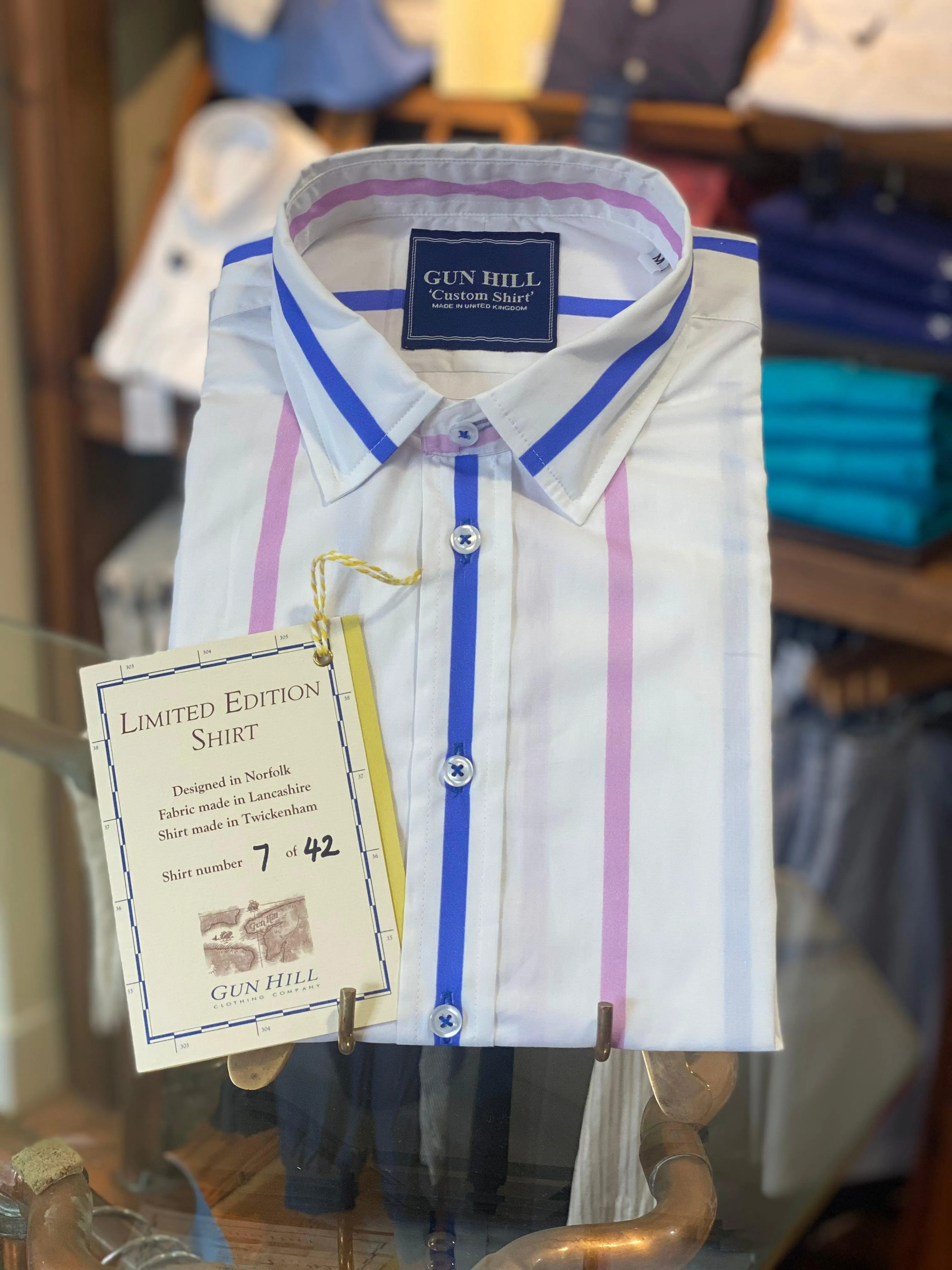 Gun Hill Mens Wilberforce shirt - White with Blue and pink stripe