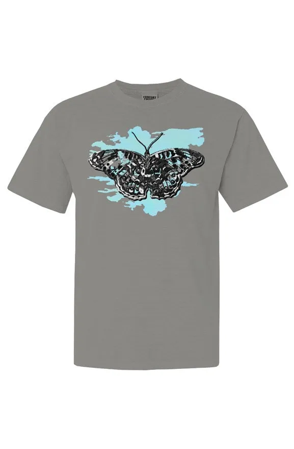 Heavyweight Grey T-shirt Blue Butterfly